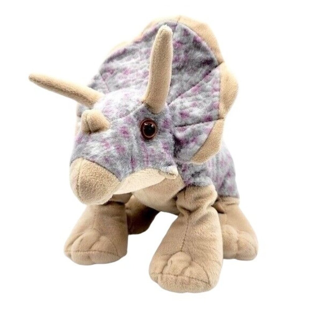 Wild Republic Triceratops Dinosaur Plush Purple 15" Tan Spotted Horns Stuffed